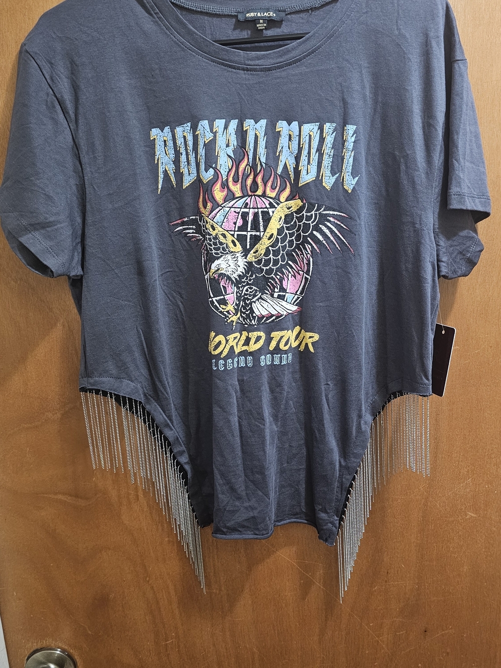 Ruby & Lace Black 'Rock N Roll' Fringe Chain Graphic Tee